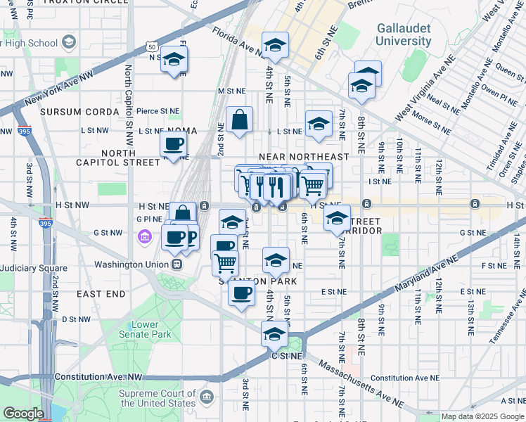 map of restaurants, bars, coffee shops, grocery stores, and more near 329 H Street Northeast in Washington