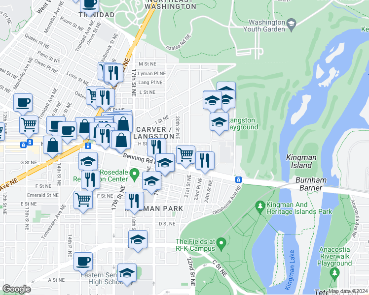 map of restaurants, bars, coffee shops, grocery stores, and more near 1953 H Street Northeast in Washington