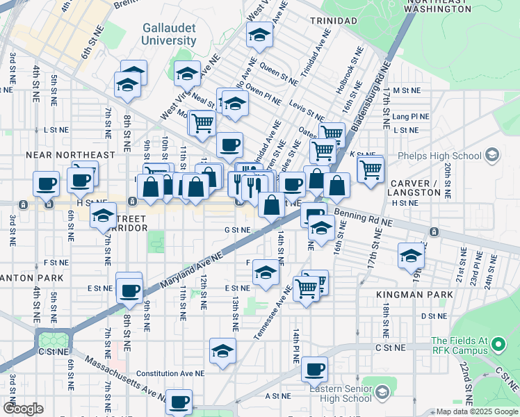 map of restaurants, bars, coffee shops, grocery stores, and more near 1341 H Street Northeast in Washington