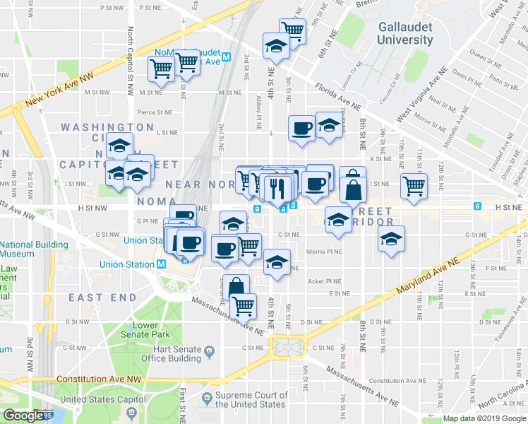 map of restaurants, bars, coffee shops, grocery stores, and more near 329 H Street Northeast in Washington