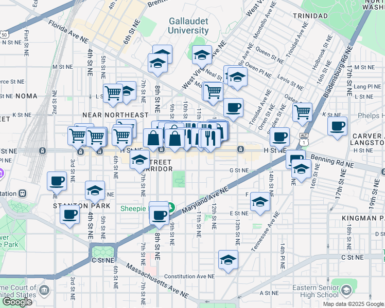 map of restaurants, bars, coffee shops, grocery stores, and more near 101 Independence Avenue Southeast in Washington