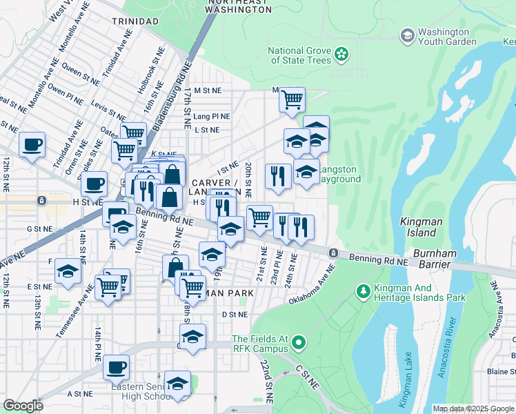 map of restaurants, bars, coffee shops, grocery stores, and more near 1953 H Street Northeast in Washington