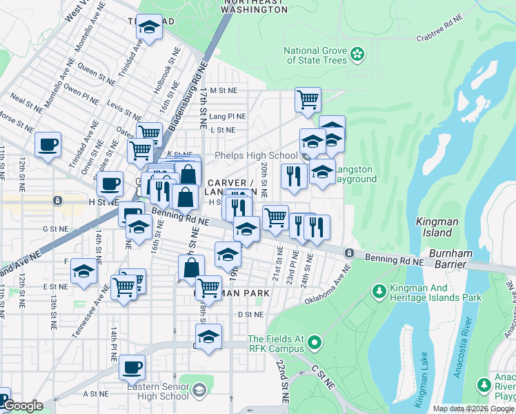 map of restaurants, bars, coffee shops, grocery stores, and more near 101 Independence Avenue Southeast in Washington