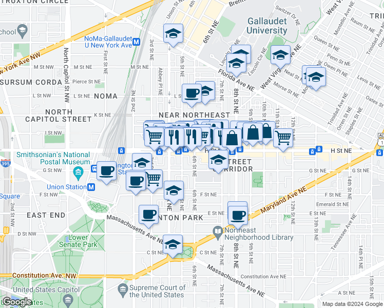 map of restaurants, bars, coffee shops, grocery stores, and more near 101 Independence Avenue Southeast in Washington