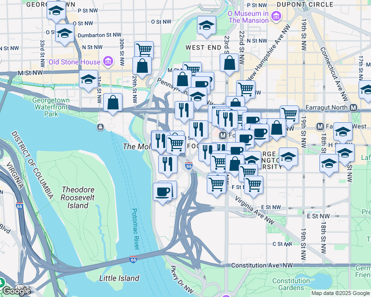 map of restaurants, bars, coffee shops, grocery stores, and more near 800 25th Street Northwest in Washington