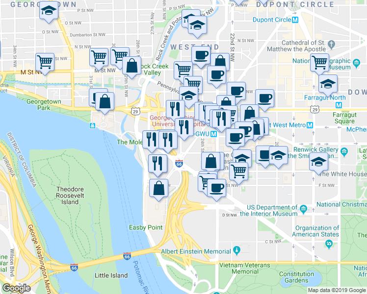 map of restaurants, bars, coffee shops, grocery stores, and more near 811 25th Street Northwest in Washington