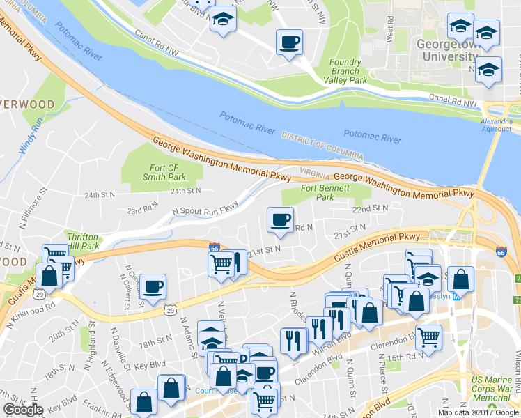 map of restaurants, bars, coffee shops, grocery stores, and more near 2147 North Troy Street in Arlington