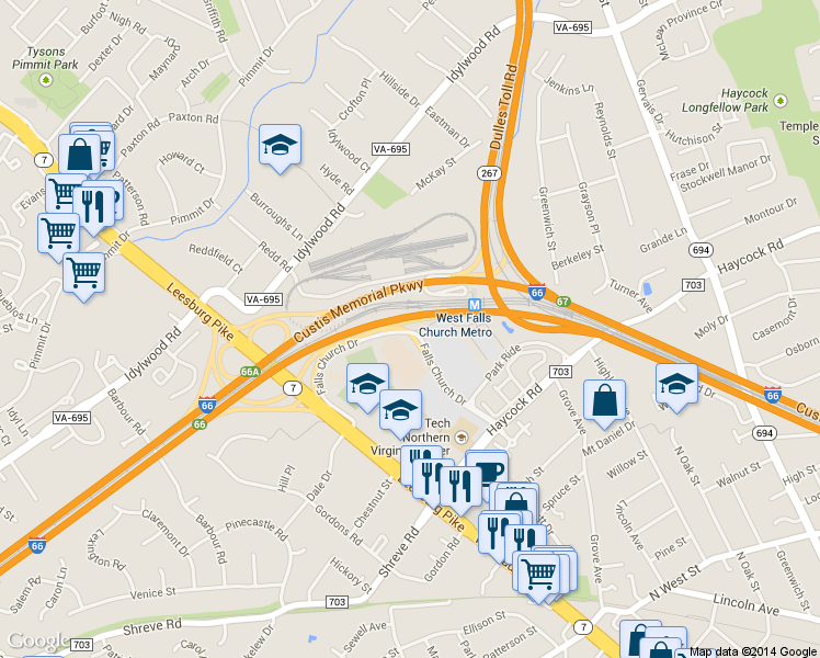 map of restaurants, bars, coffee shops, grocery stores, and more near 1168 Falls Church Drive in Falls Church