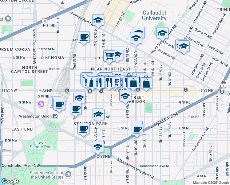 map of restaurants, bars, coffee shops, grocery stores, and more near 101 Independence Avenue Southeast in Washington