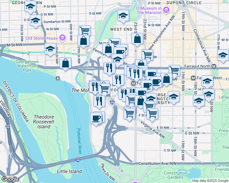 map of restaurants, bars, coffee shops, grocery stores, and more near 811 25th Street Northwest in Washington