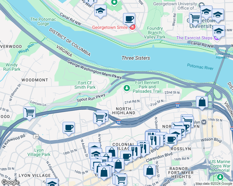 map of restaurants, bars, coffee shops, grocery stores, and more near 2147 North Troy Street in Arlington