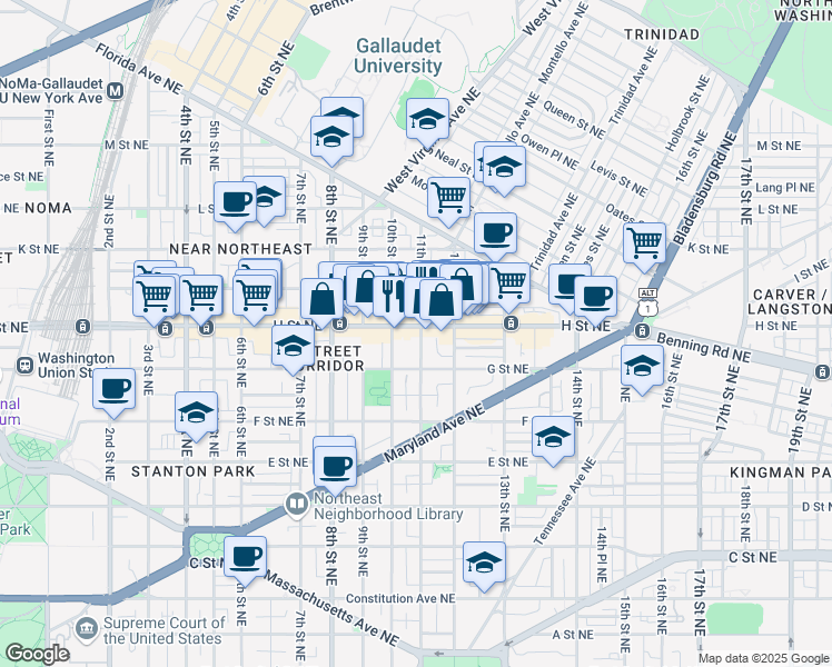map of restaurants, bars, coffee shops, grocery stores, and more near 1025 H Street Northeast in Washington