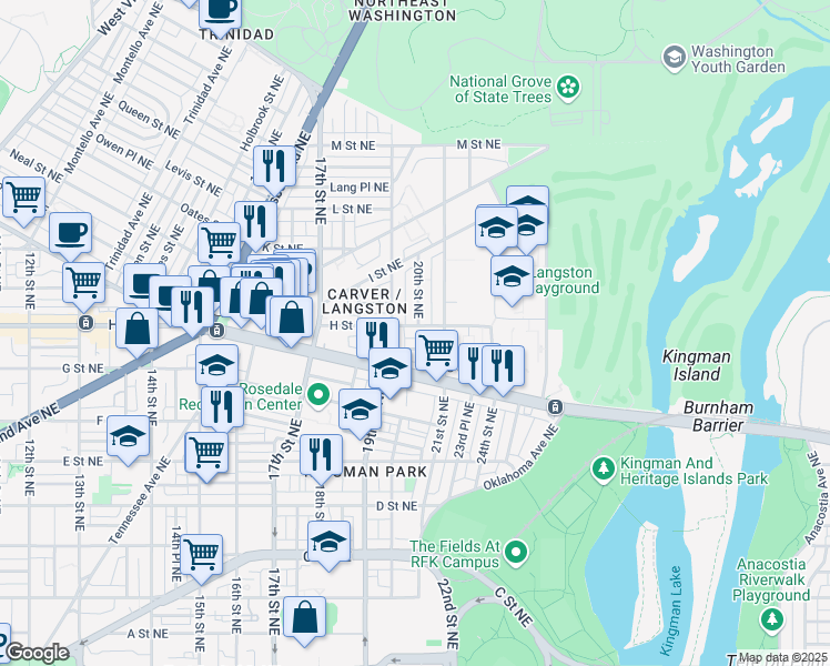 map of restaurants, bars, coffee shops, grocery stores, and more near 1927 H Street Northeast in Washington