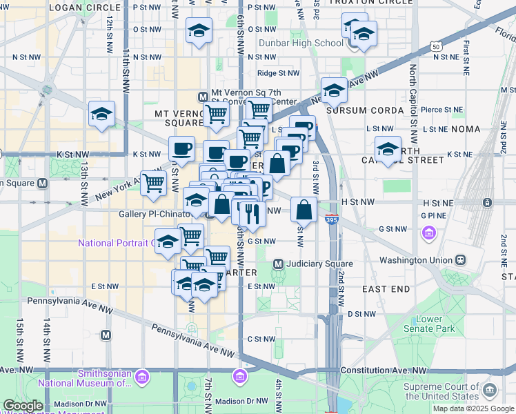 map of restaurants, bars, coffee shops, grocery stores, and more near 101 Independence Avenue Southeast in Washington