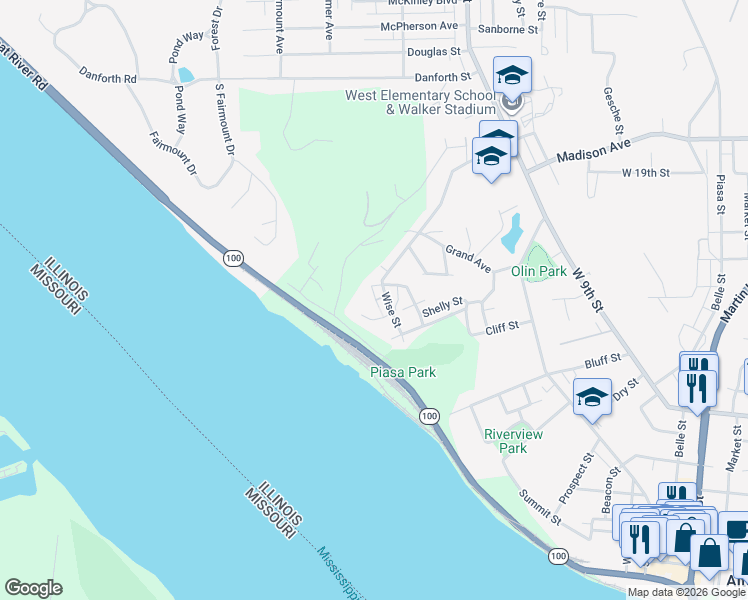 map of restaurants, bars, coffee shops, grocery stores, and more near 1200 Wise Street in Alton