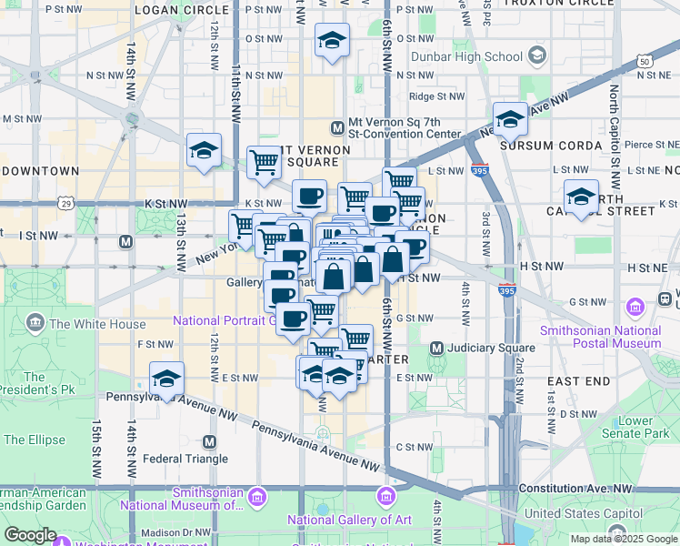 map of restaurants, bars, coffee shops, grocery stores, and more near 101 Independence Avenue Southeast in Washington