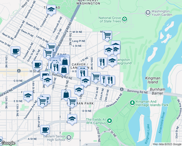 map of restaurants, bars, coffee shops, grocery stores, and more near 1927 H Street Northeast in Washington