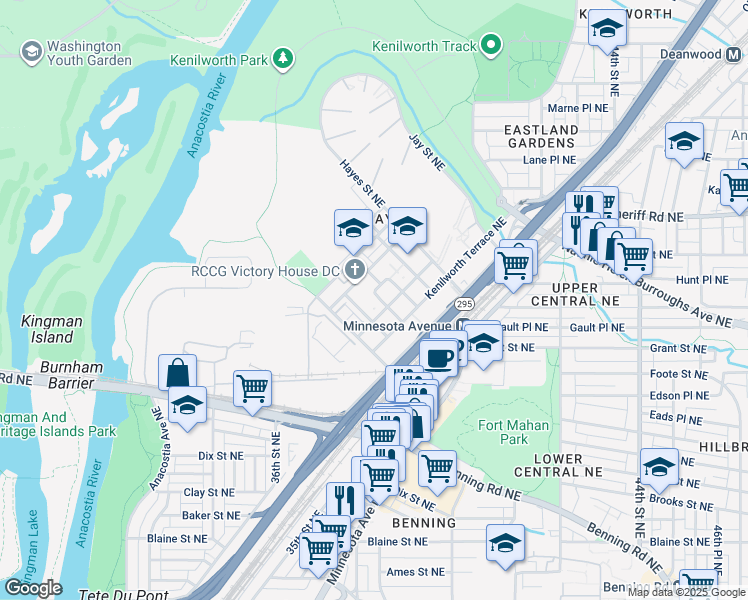 map of restaurants, bars, coffee shops, grocery stores, and more near 3737 Grant Place Northeast in Washington