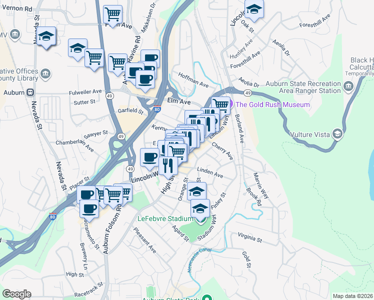 map of restaurants, bars, coffee shops, grocery stores, and more near 897 Lincoln Way in Auburn