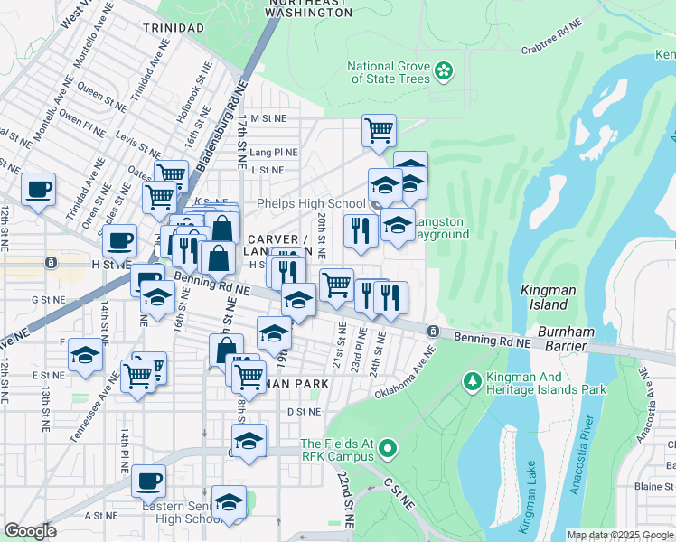 map of restaurants, bars, coffee shops, grocery stores, and more near 101 Independence Avenue Southeast in Washington