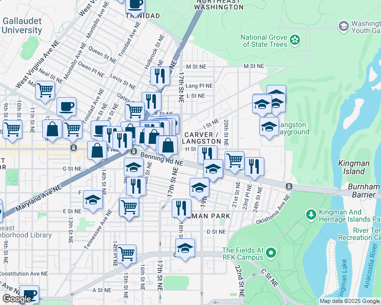 map of restaurants, bars, coffee shops, grocery stores, and more near 1715 H Street Northeast in Washington