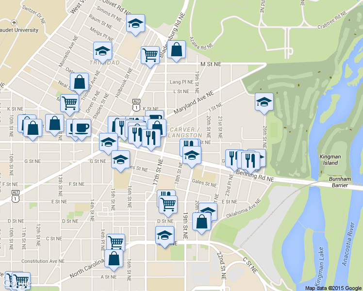 map of restaurants, bars, coffee shops, grocery stores, and more near 101 Independence Avenue Southeast in Washington