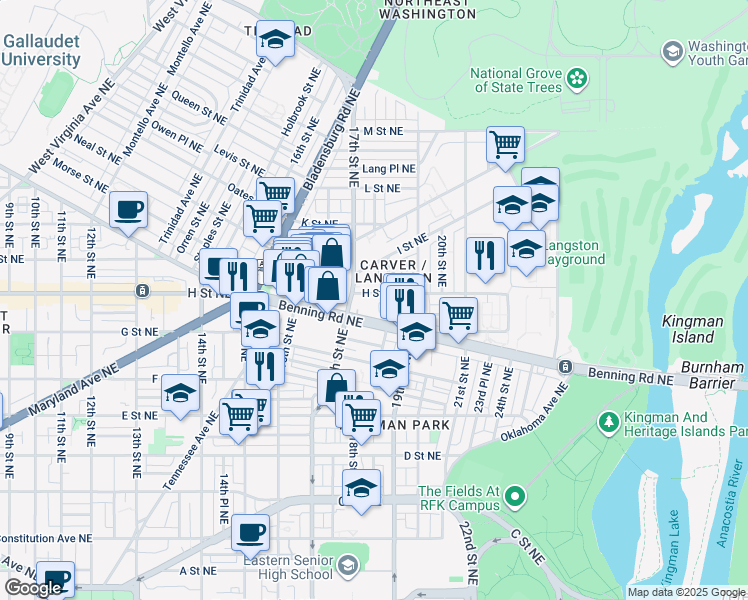 map of restaurants, bars, coffee shops, grocery stores, and more near 101 Independence Avenue Southeast in Washington