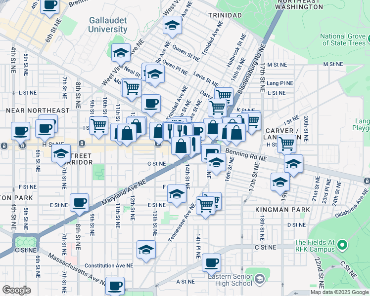 map of restaurants, bars, coffee shops, grocery stores, and more near 101 Independence Avenue Southeast in Washington