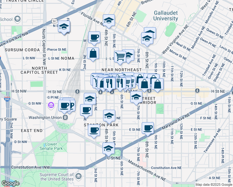 map of restaurants, bars, coffee shops, grocery stores, and more near 101 Independence Avenue Southeast in Washington