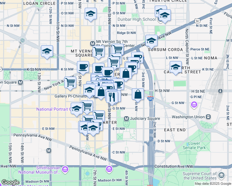 map of restaurants, bars, coffee shops, grocery stores, and more near 101 Independence Avenue Southeast in Washington