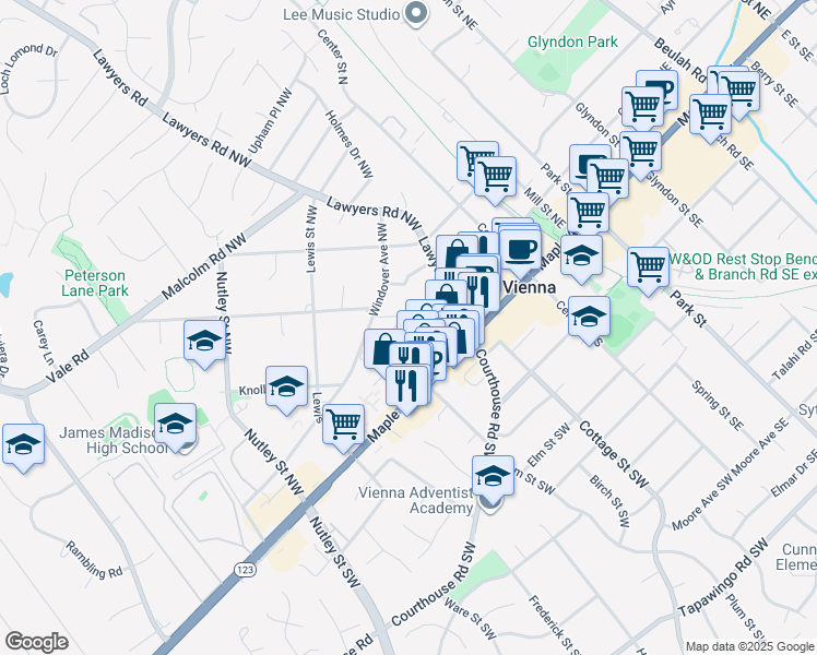 map of restaurants, bars, coffee shops, grocery stores, and more near in Vienna