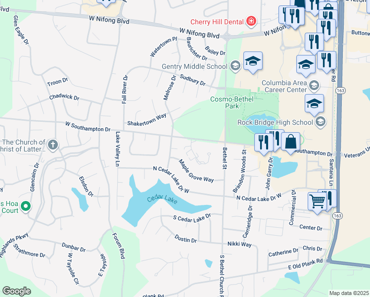 map of restaurants, bars, coffee shops, grocery stores, and more near 455-457 Maple Grove Way in Columbia