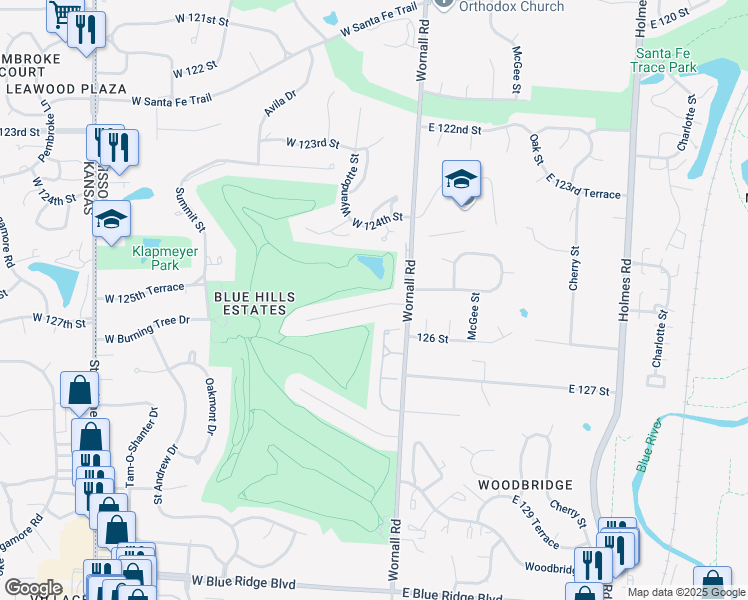 map of restaurants, bars, coffee shops, grocery stores, and more near 11 West 125th Terrace in Kansas City