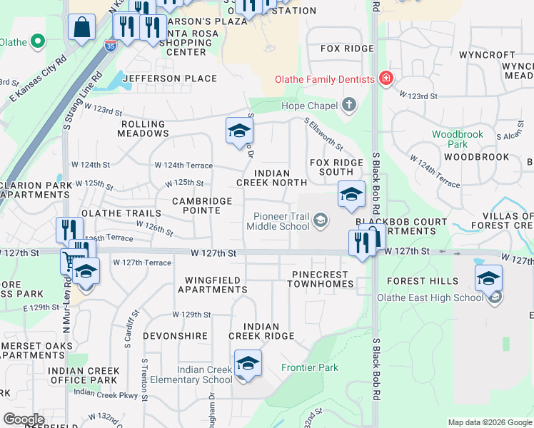 map of restaurants, bars, coffee shops, grocery stores, and more near 15615 West 126th Street in Olathe