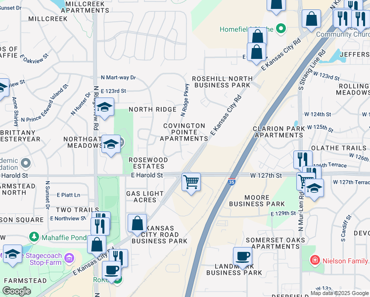 map of restaurants, bars, coffee shops, grocery stores, and more near 1792 East 125th Street in Olathe