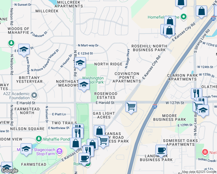 map of restaurants, bars, coffee shops, grocery stores, and more near 1282 North Mart-way Drive in Olathe