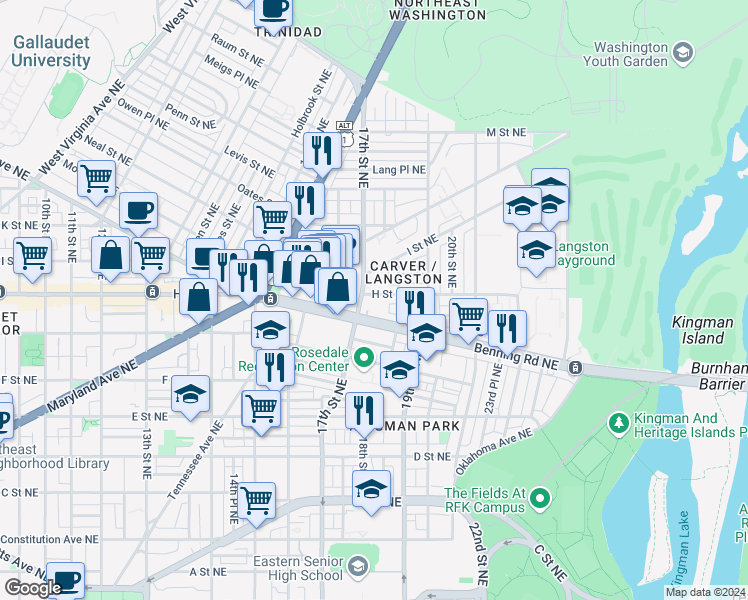map of restaurants, bars, coffee shops, grocery stores, and more near 101 Independence Avenue Southeast in Washington