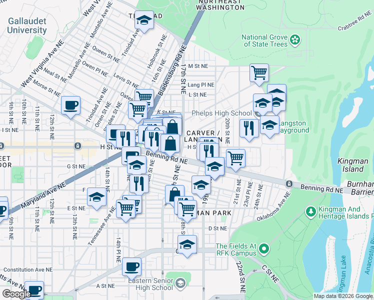 map of restaurants, bars, coffee shops, grocery stores, and more near 101 Independence Avenue Southeast in Washington