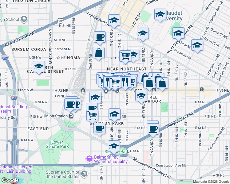 map of restaurants, bars, coffee shops, grocery stores, and more near 101 Independence Avenue Southeast in Washington