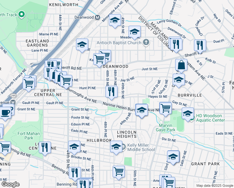 map of restaurants, bars, coffee shops, grocery stores, and more near 807 48th Place Northeast in Washington