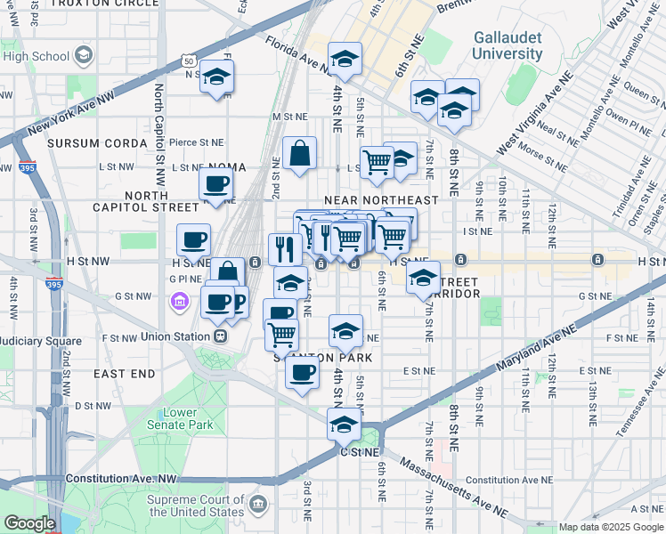 map of restaurants, bars, coffee shops, grocery stores, and more near 101 Independence Avenue Southeast in Washington