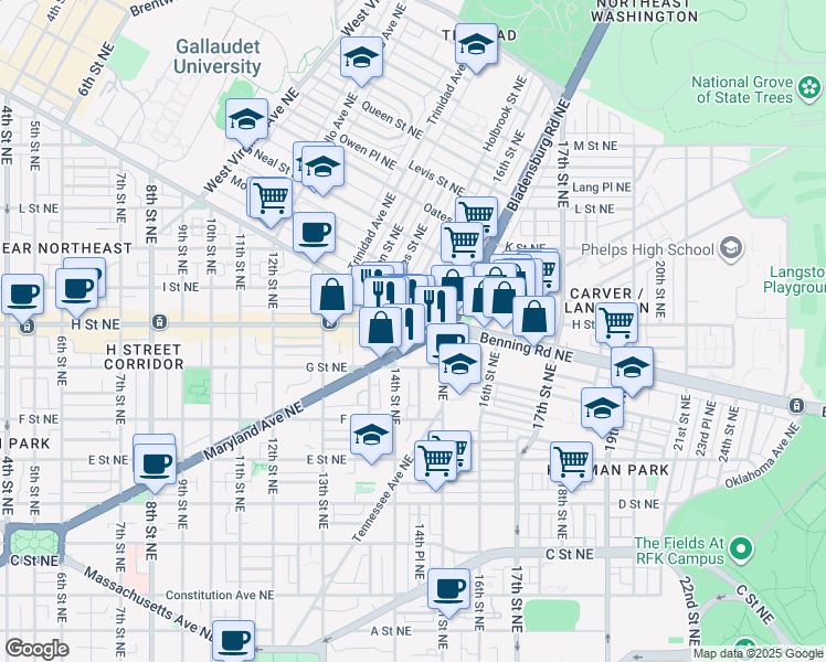 map of restaurants, bars, coffee shops, grocery stores, and more near 101 Independence Avenue Southeast in Washington