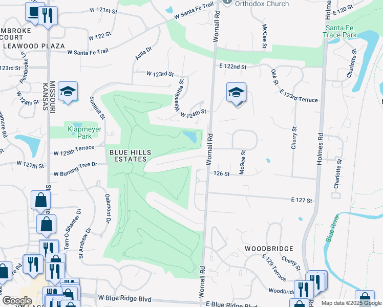 map of restaurants, bars, coffee shops, grocery stores, and more near 11 West 125th Terrace in Kansas City