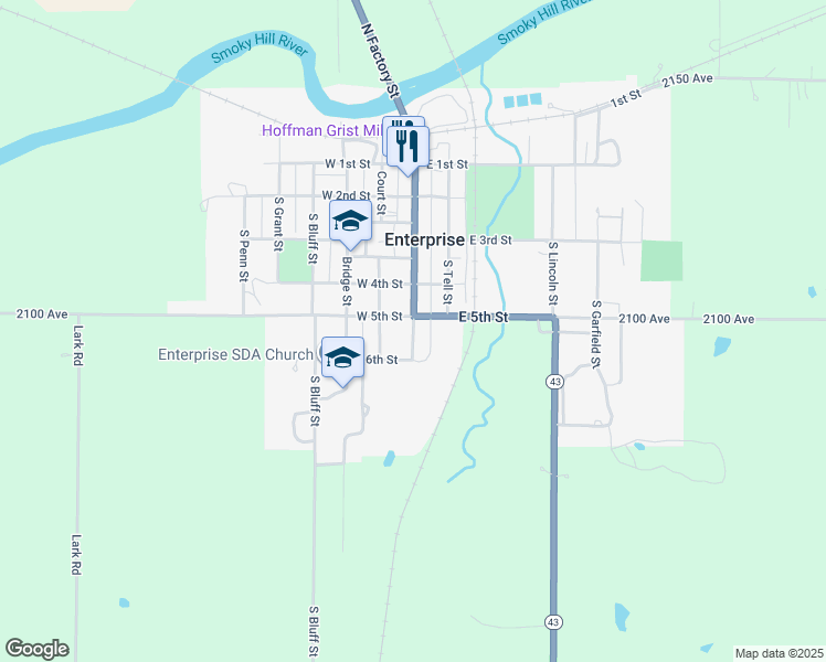 map of restaurants, bars, coffee shops, grocery stores, and more near 533 S Factory St in Enterprise
