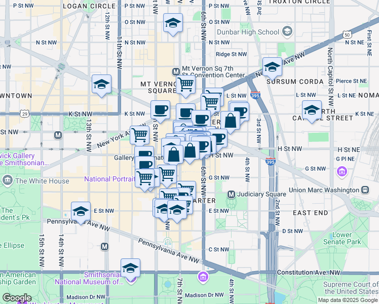 map of restaurants, bars, coffee shops, grocery stores, and more near 625 H Street Northwest in Washington