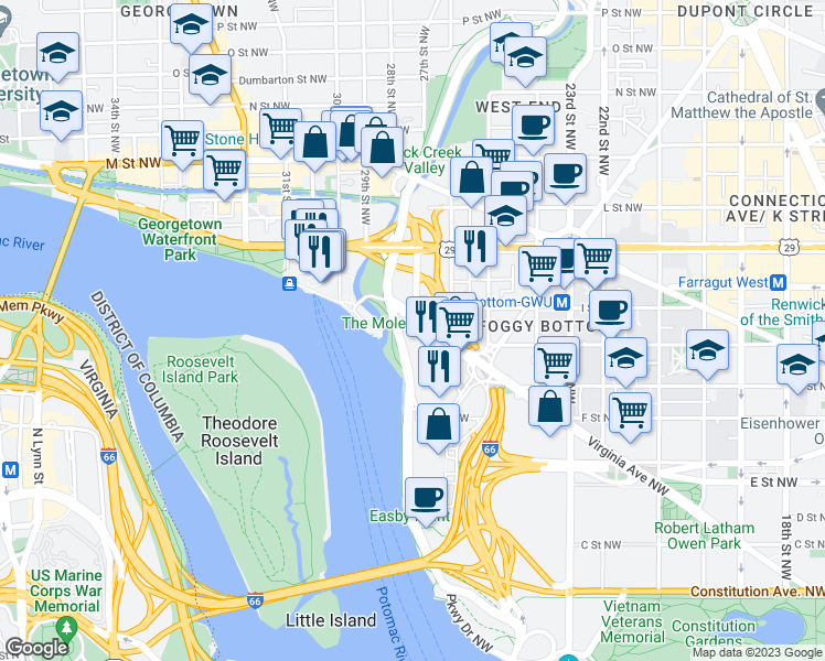 map of restaurants, bars, coffee shops, grocery stores, and more near 101 Independence Avenue Southeast in Washington