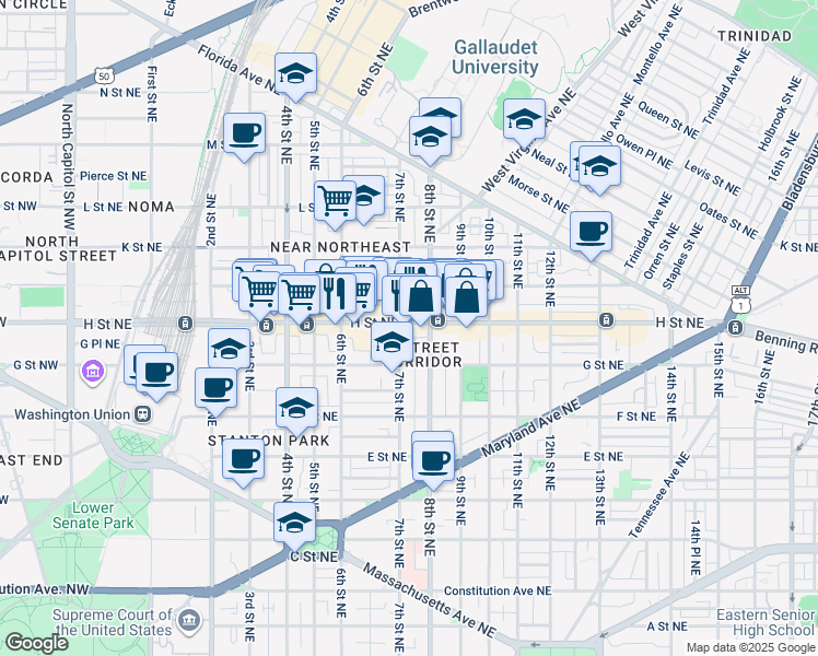 map of restaurants, bars, coffee shops, grocery stores, and more near 101 Independence Avenue Southeast in Washington