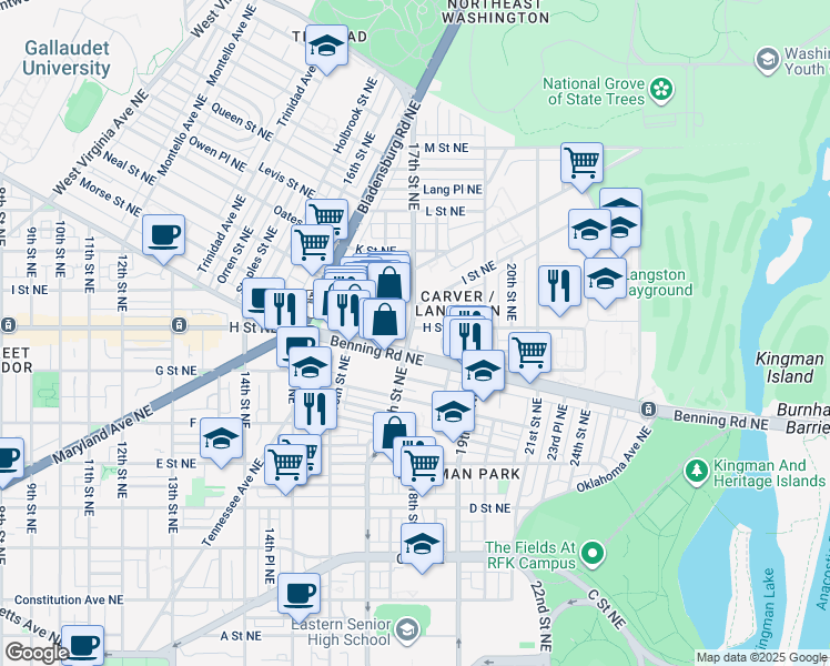 map of restaurants, bars, coffee shops, grocery stores, and more near 1701 H Street Northeast in Washington