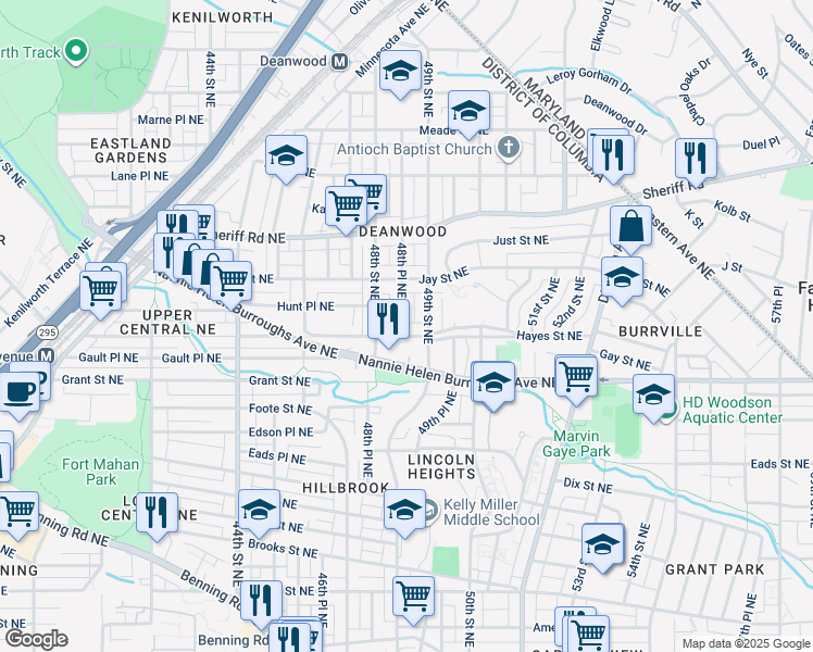 map of restaurants, bars, coffee shops, grocery stores, and more near 807 48th Place Northeast in Washington
