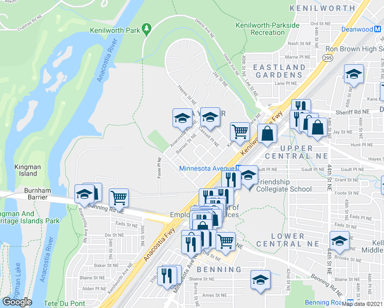 map of restaurants, bars, coffee shops, grocery stores, and more near 3733 Grant Place Northeast in Washington
